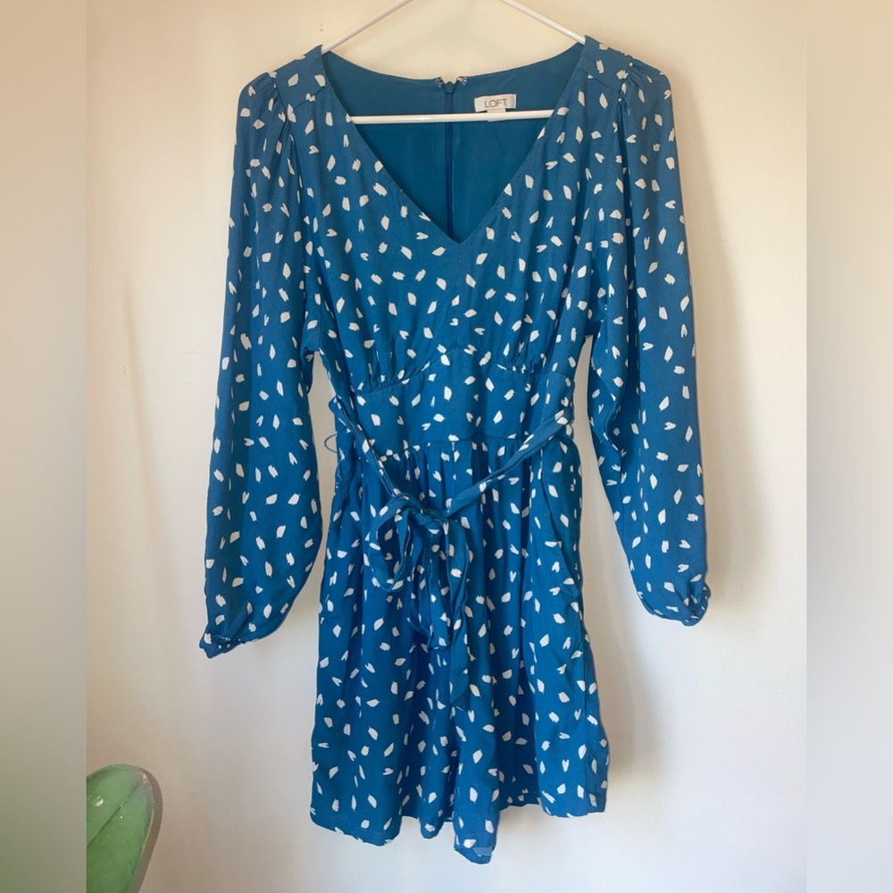 LOFT Teal Blue V-Neck Polka Dot Tie-Waist Shorts Romper
